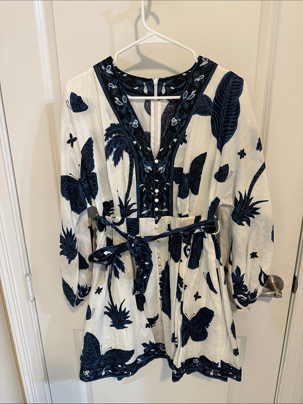 Linen V-Neck Belted Tunic Dress - Navy on White